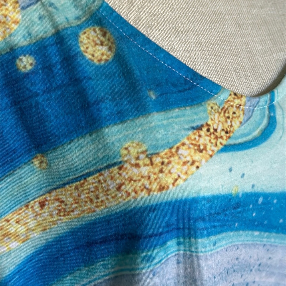 Aqua Blue & Gold Wavy Swirl Pattern Design Knit Top Short Sleeves Scoop Neck 5XL - Picture 5 of 16